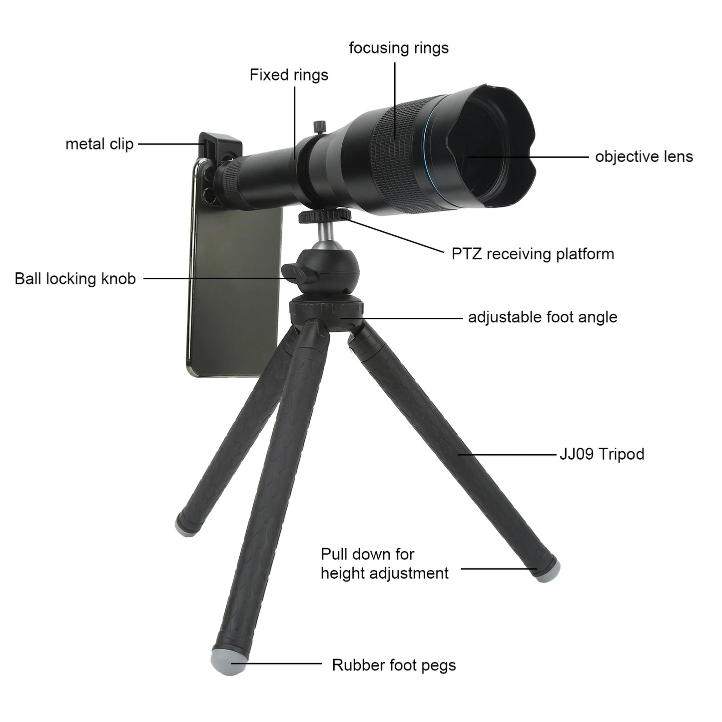 60x Telephoto Lens High Definition Large Aperture Objective Lens Mobile Phone Telephoto Lens with Tripod Phone Camera Lens