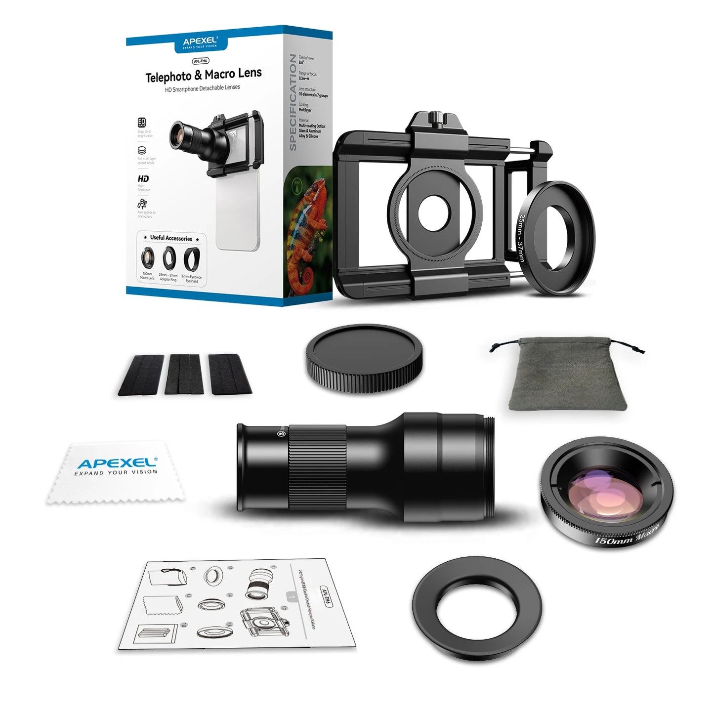 APEXEL Telephoto Macro lens 2-in-1 Observation and Shooting for Mobile Phone Lens Accessory, 6X Telescope Lens for Smartphones