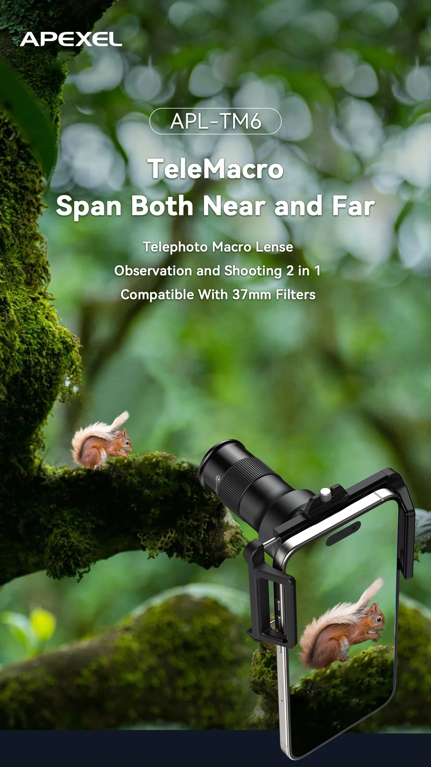 APEXEL Telephoto Macro lens 2-in-1 Observation and Shooting for Mobile Phone Lens Accessory, 6X Telescope Lens for Smartphones