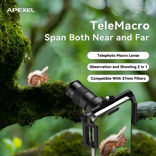 APEXEL Telephoto Macro lens 2-in-1 Observation and Shooting for Mobile Phone Lens Accessory, 6X Telescope Lens for Smartphones
